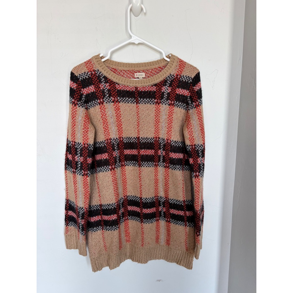 Cremieux Womens Plaid Crewneck Sweater Tan Red Black Acrylic Knit Pullover S